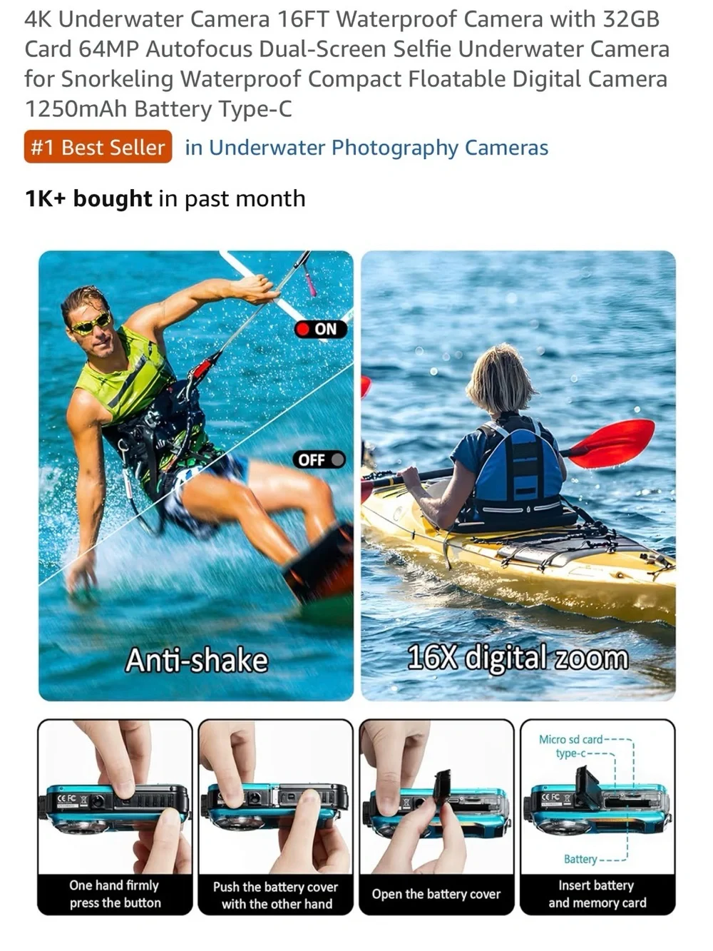 4K Waterproof Underwater Camera - Blue | 64MP Autofocus, Dual-Screen